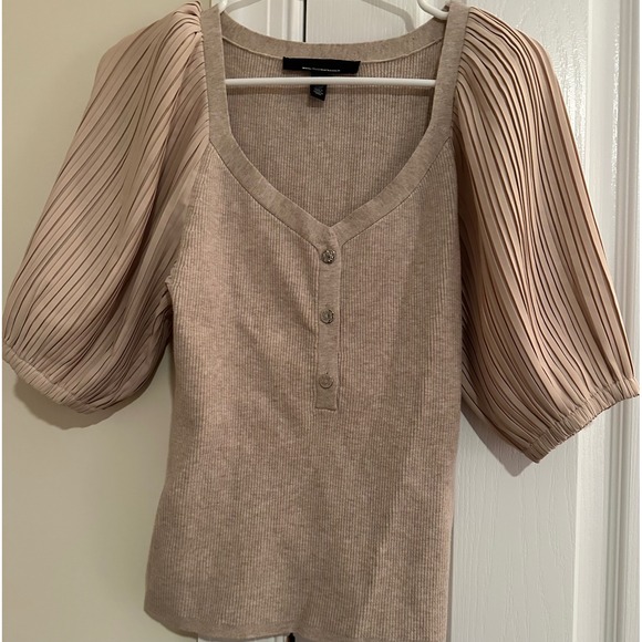 White House Black Market Tops - White House Black Market Ribbed Pleated Sleeve Button Neck Top‎ Beige Women's S